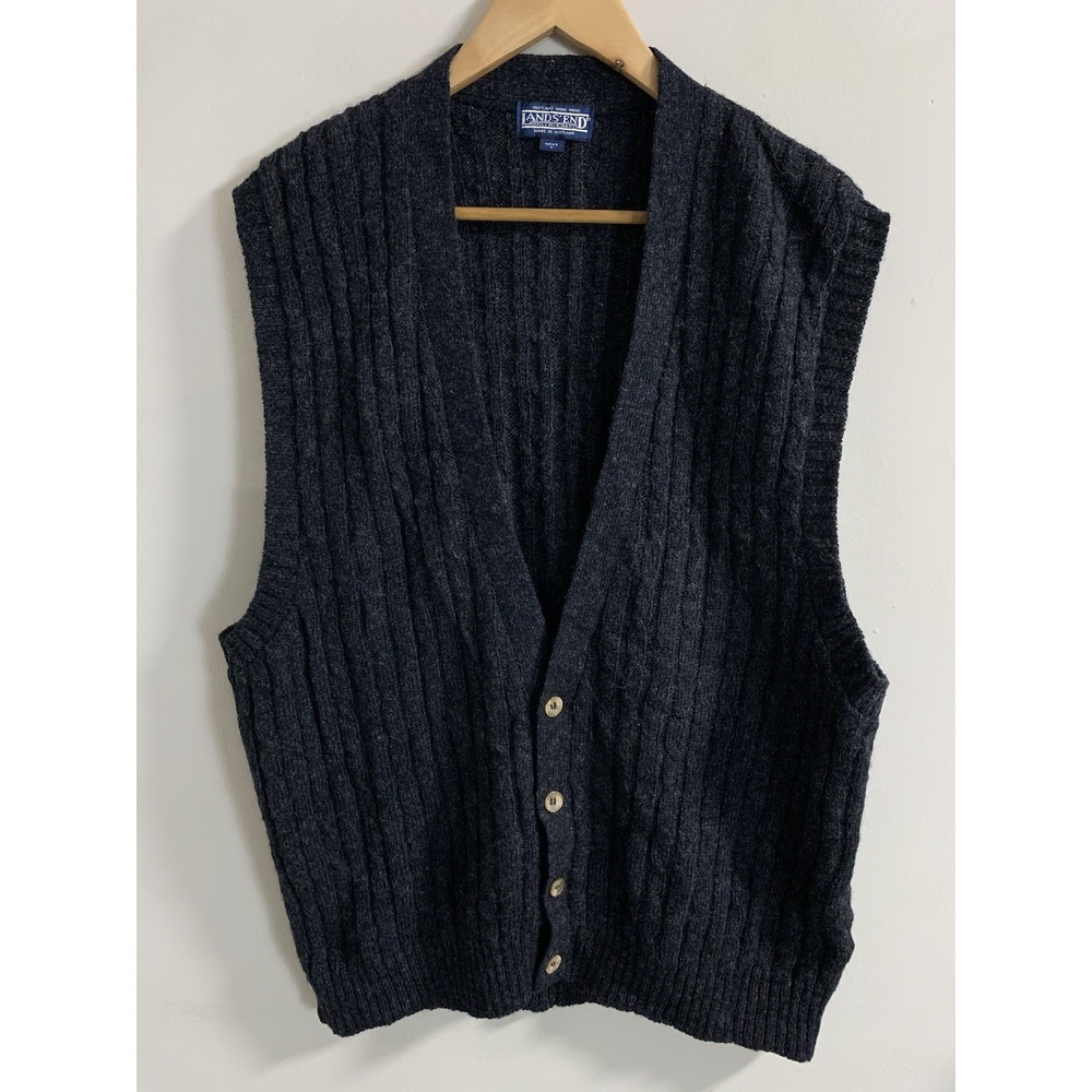 Lands End Sweater Vest Mens L Gray Shetland Wool Button Up Knit Made In Scotland